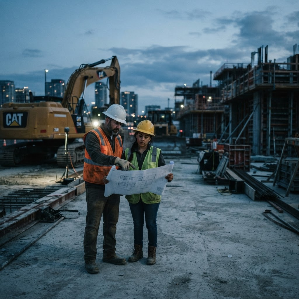 EXCO crew reviewing plans on a concrete jobsite