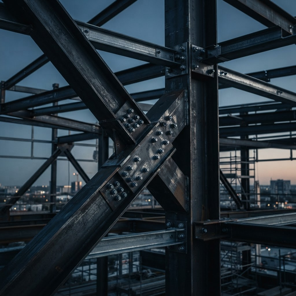 Steel building trusses and purlins connecting at a structural joint