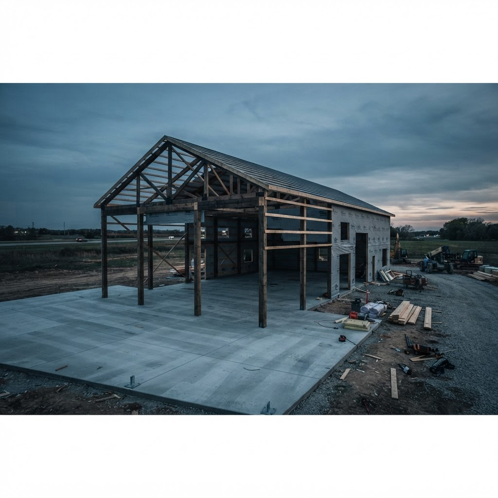 Commercial pole building shell on a finished concrete slab