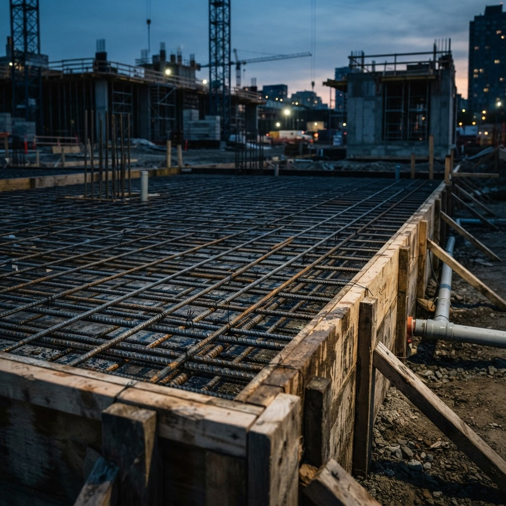 Rebar grid and formwork ready for a concrete pour