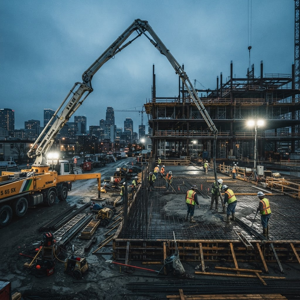 Concrete pump truck pouring a commercial slab