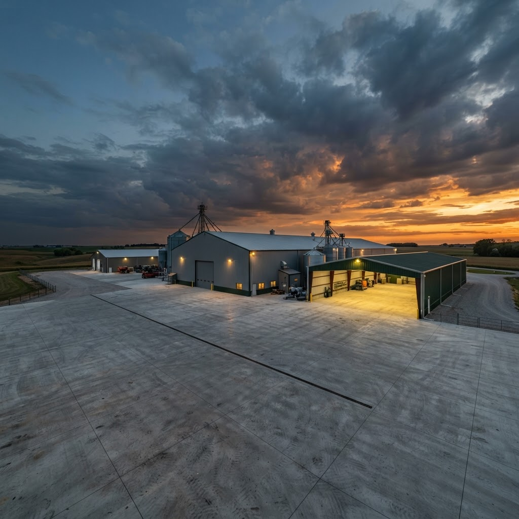Completed agricultural concrete pad and steel building complex at dusk