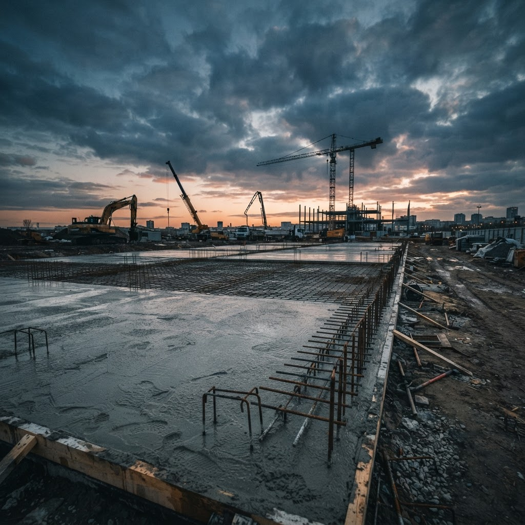 Freshly poured concrete slab on an EXCO construction site at dusk