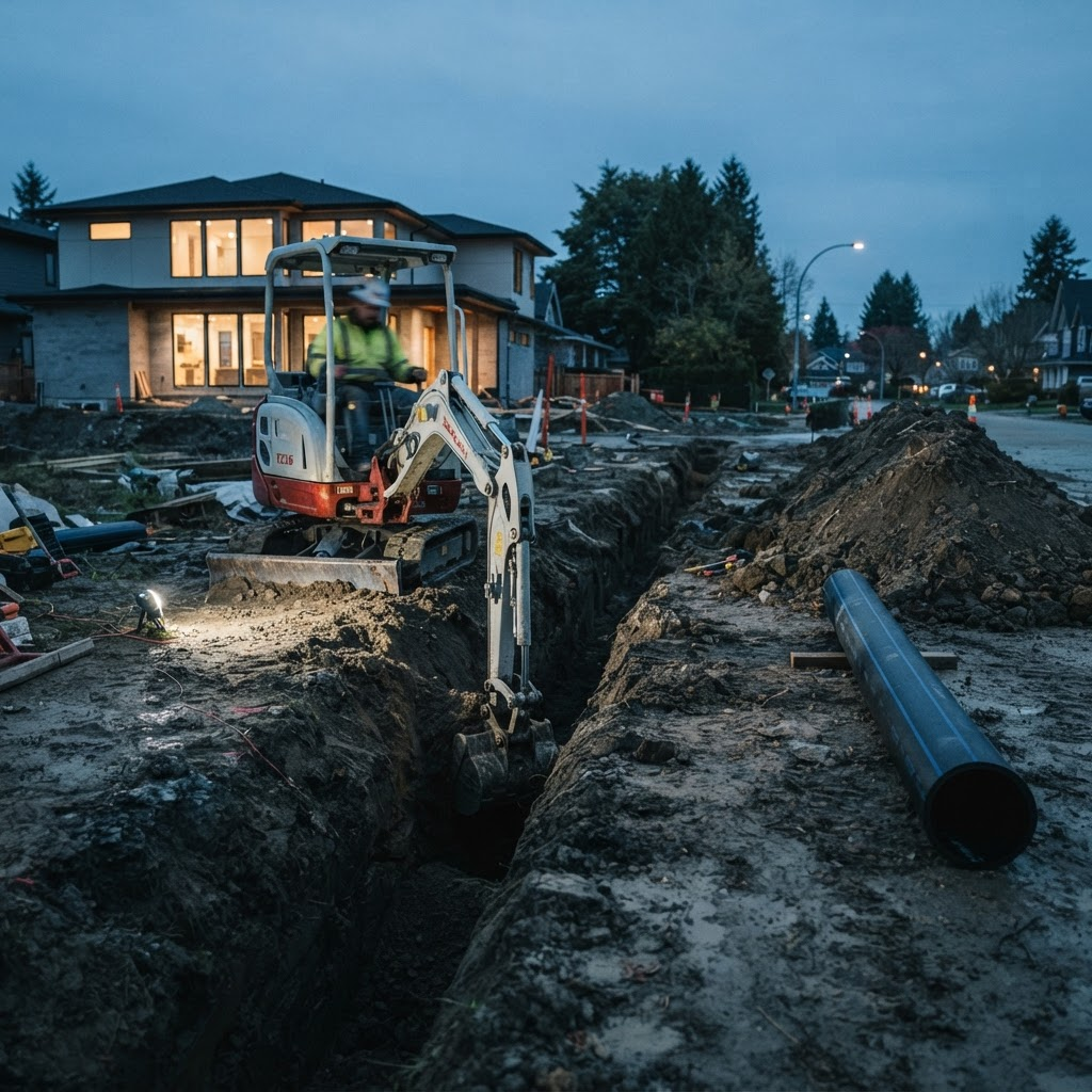 Mini excavator digging a trench on a job site