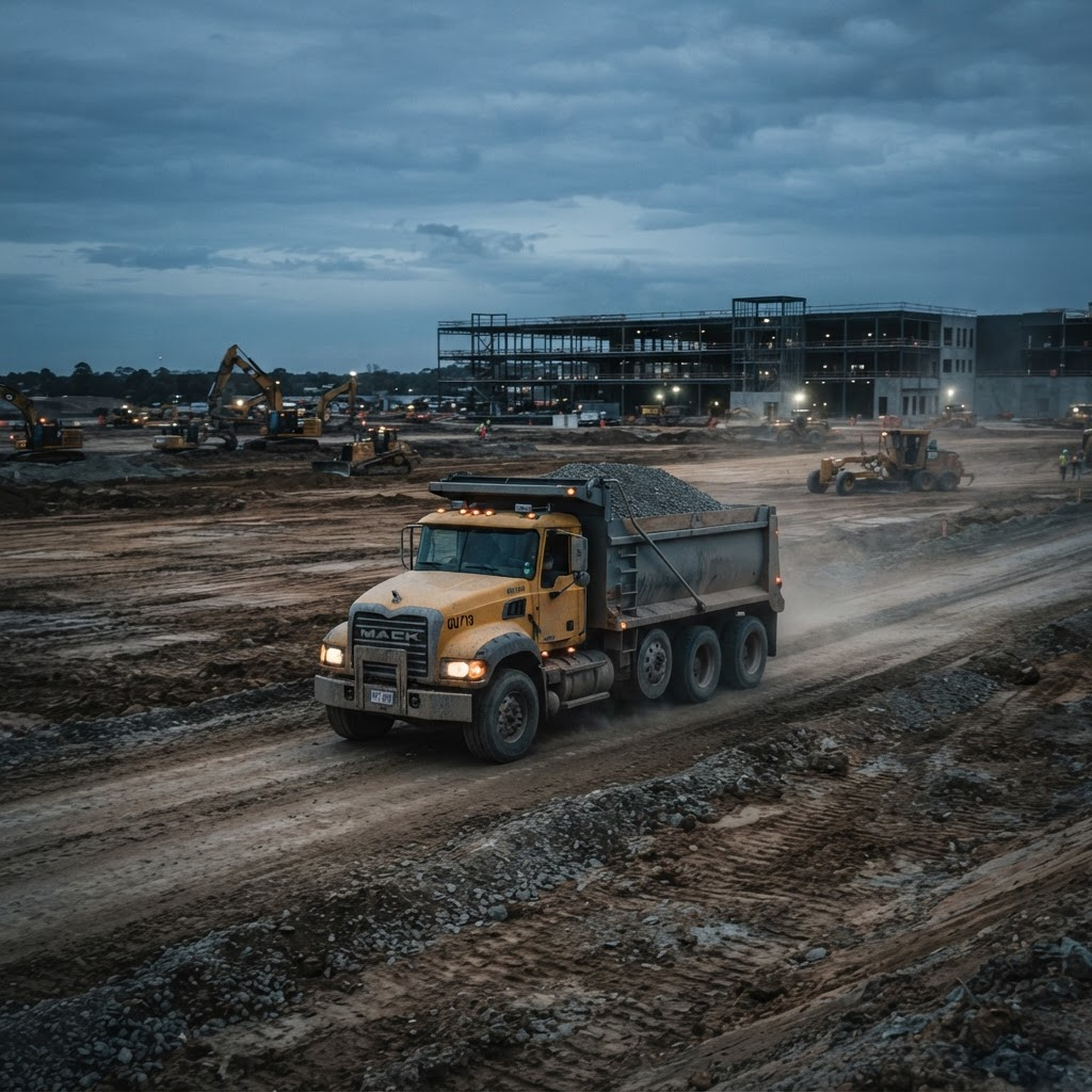 Dump truck hauling gravel across a graded site