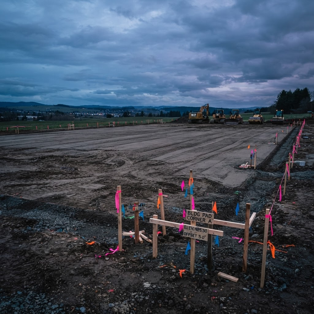 Graded and staked building pad ready for construction